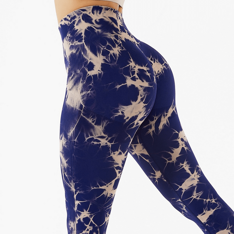 Patterned navy and white seamless high waist leggings for women, perfect for fitness and yoga, showcasing snug fit and style.